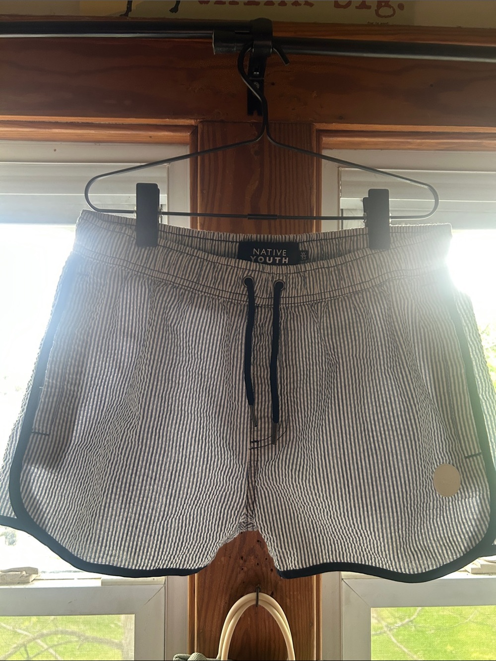 NATIVE YOUTH Blue and White Seersucker Stripe Swim Shorts